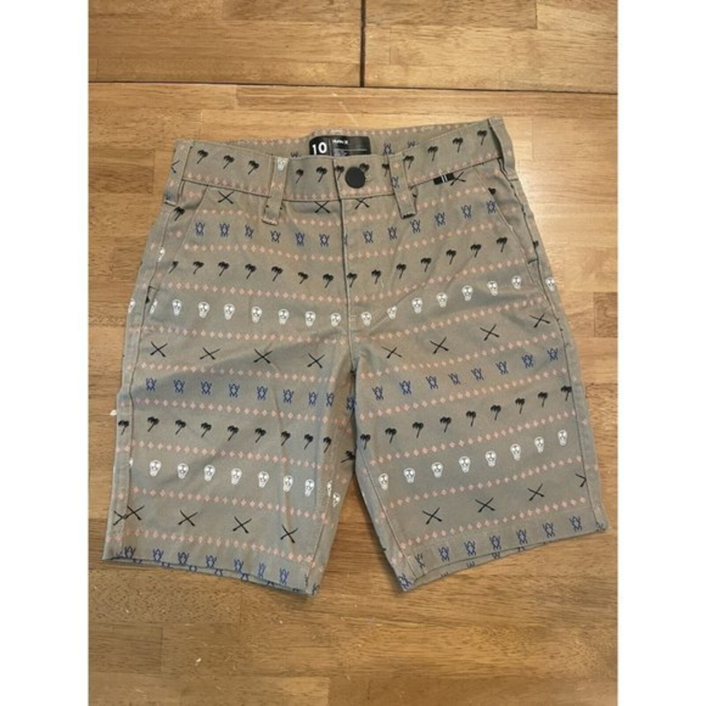 Hurley Shorts, Boy's Size 10, Tan, Tribal, Skull, Palm Trees, Adjustable‎ Waist